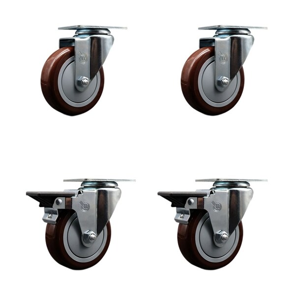 4'' Maroon Poly Wheel Swivel Top Plate Caster Set with 2 Posi Brakes, 4PK
